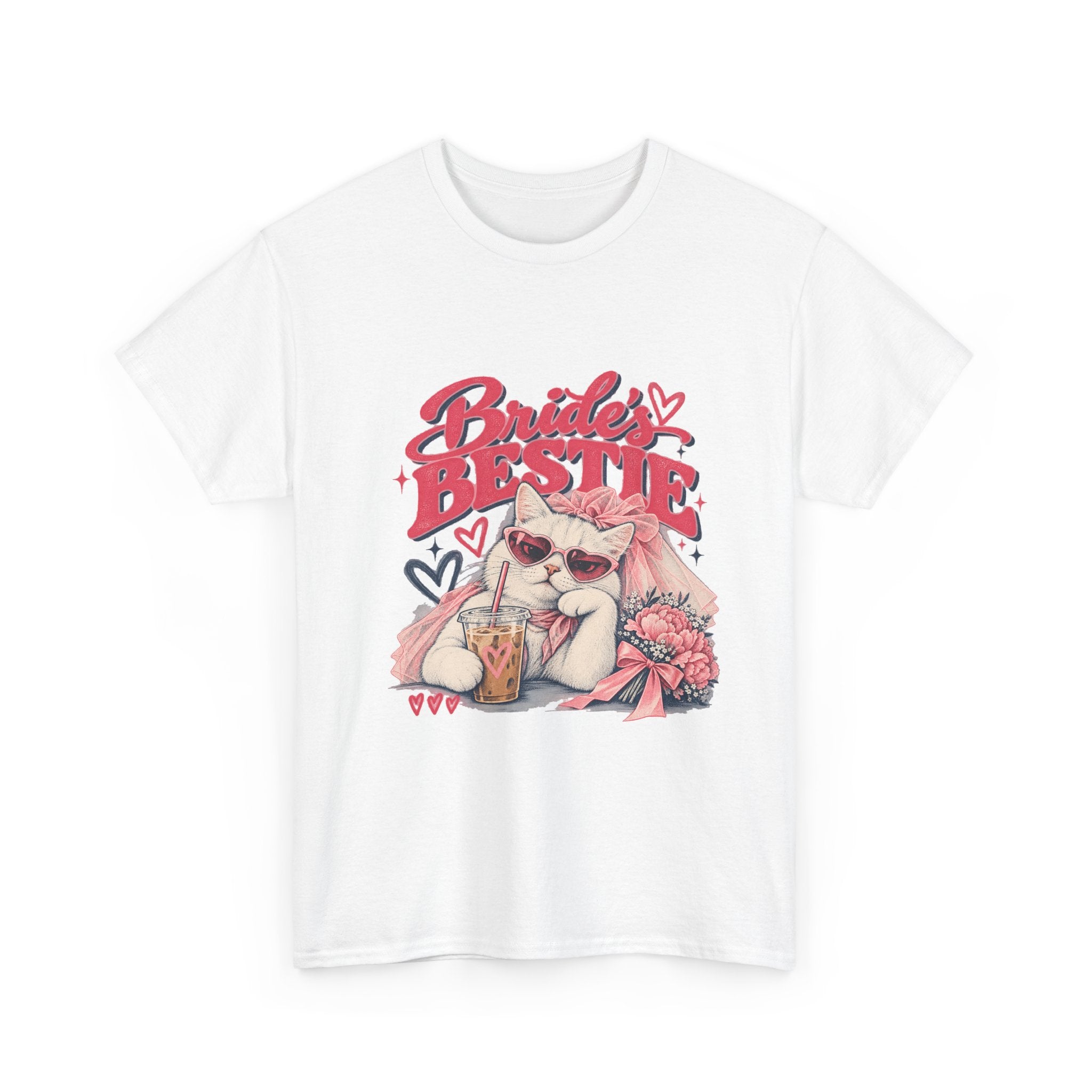 White Bride’s Bestie graphic tee featuring a fashionable cat and pink flowers